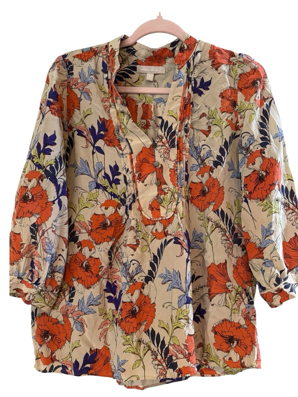 Banana Republic 100% Silk Floral Poppy Blouse Small Boho